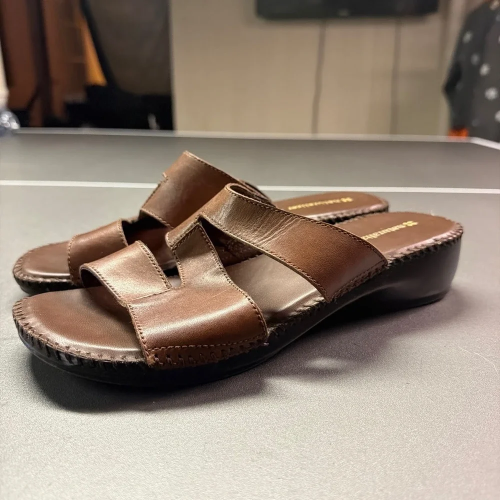 Naturalizer Women's Brown Leather Slide Sandals Wedge Comfort Size 9M